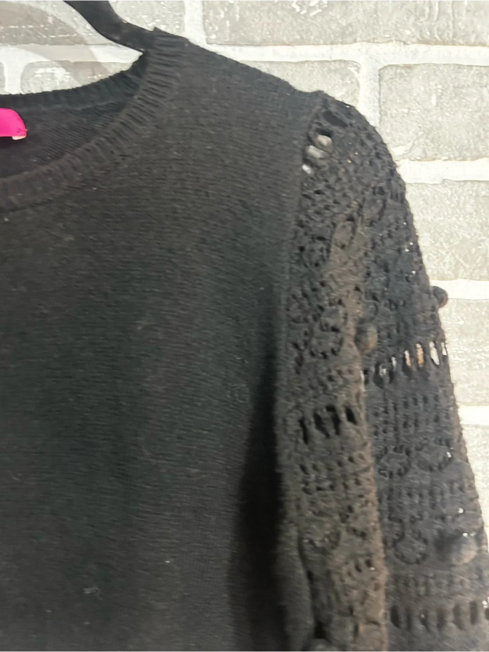Lilly Pulitzer Black Pom Pom Sleeve Sweater Women L Crochet Balloon Sleeve Knit